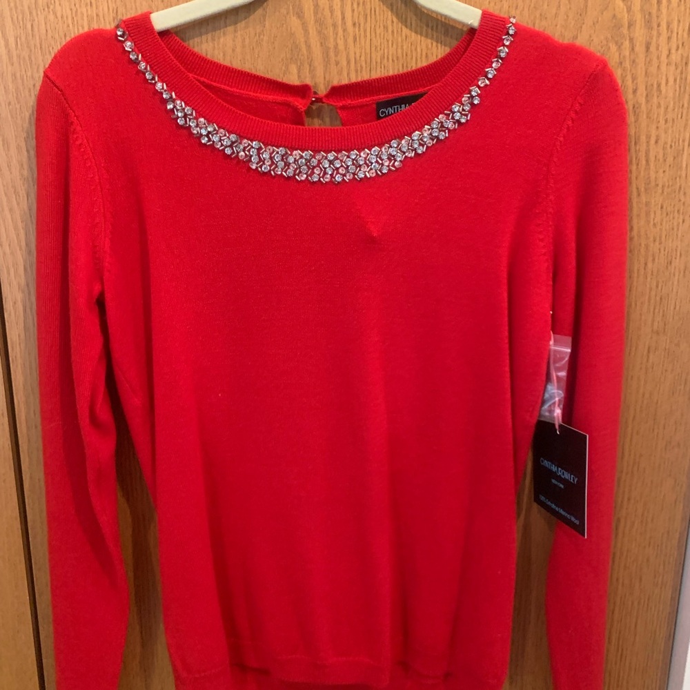 Red Sweater with Rhinestone Neckline